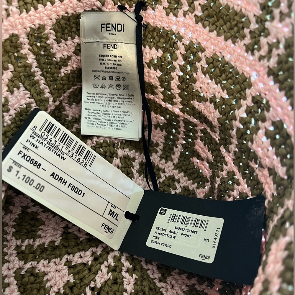 FENDI FF Logo Hand-Woven Raffia Bucket Hat Pink & Green Sz M/L - Picture 4 of 8